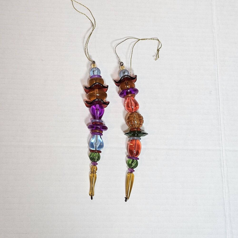 Set of 2 RAINBOW DROP Beaded Faceted Drop Christmas Ornaments Colorful Decor